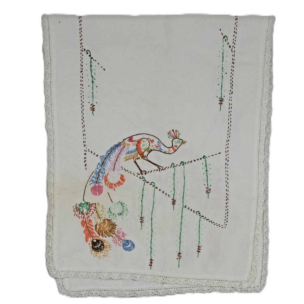 Vintage Cotton Table Runner Dresser Scarf Peacock Embroidery Cottagecore 35x14